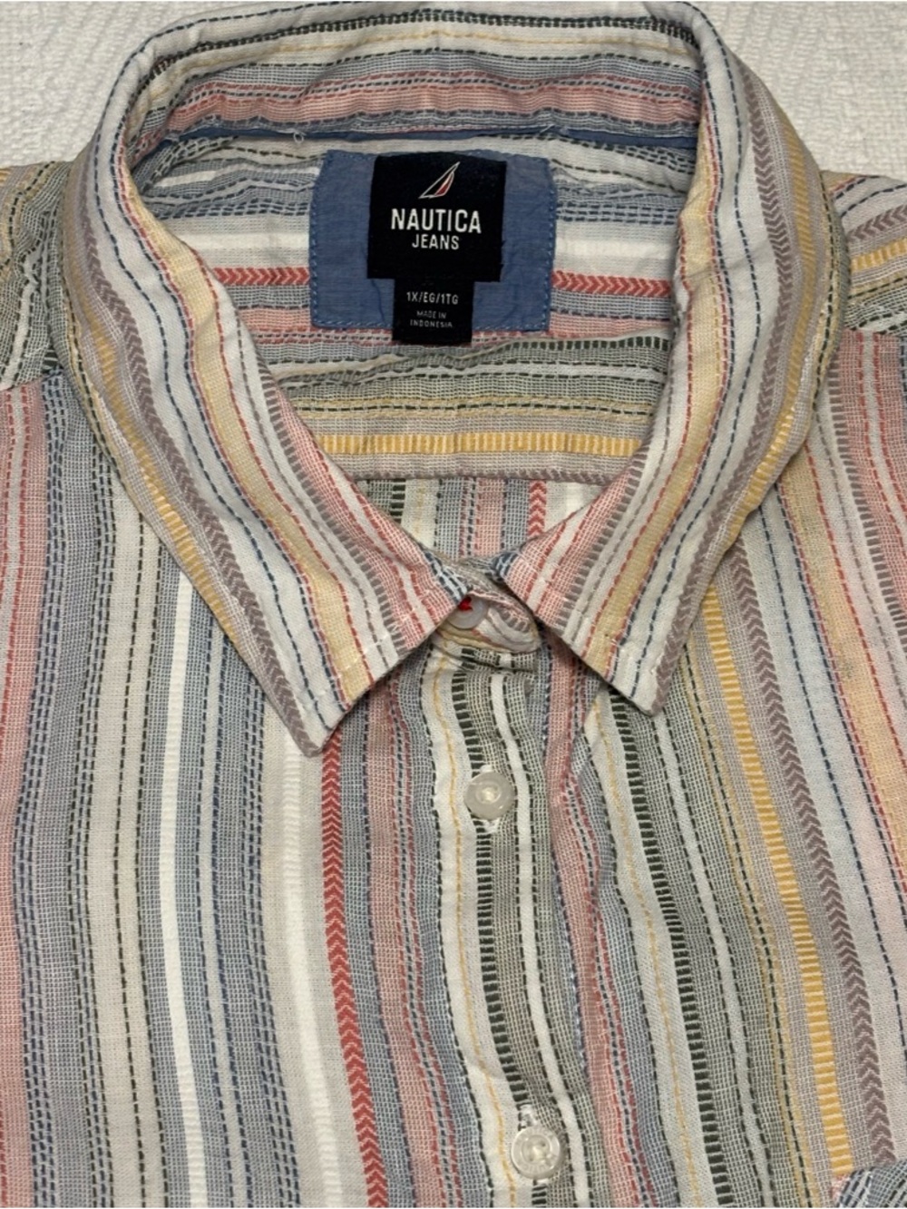 Nautica Jeans Women’s Striped Cotton Button Shirt Size 1X Roll Tab Sleeves
